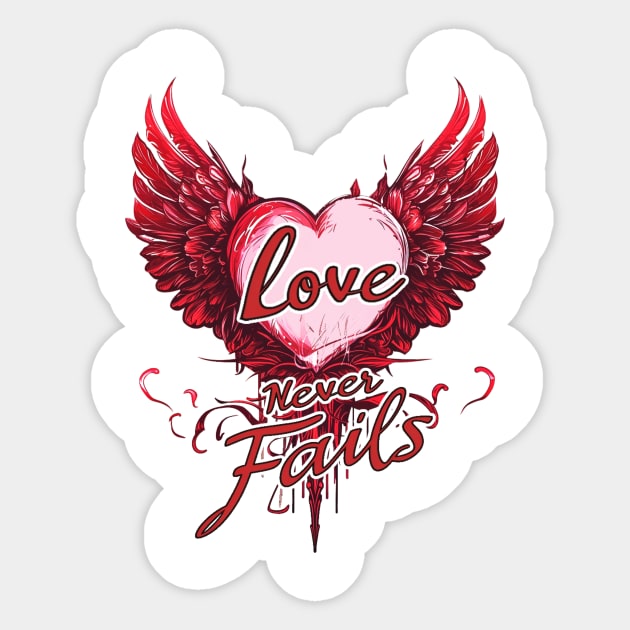 Red Love Never Fails T-Shirt - Vintage Winged Heart Painting Sticker by YUED